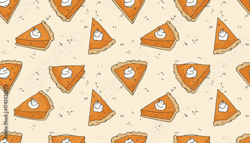 Handdrawn pumpkin pie slices with whipped cream in a seamless pattern Perfect for autumn concepts