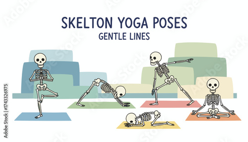 Humorous illustration of skeletons practicing various yoga poses depicting wellness and anatomy