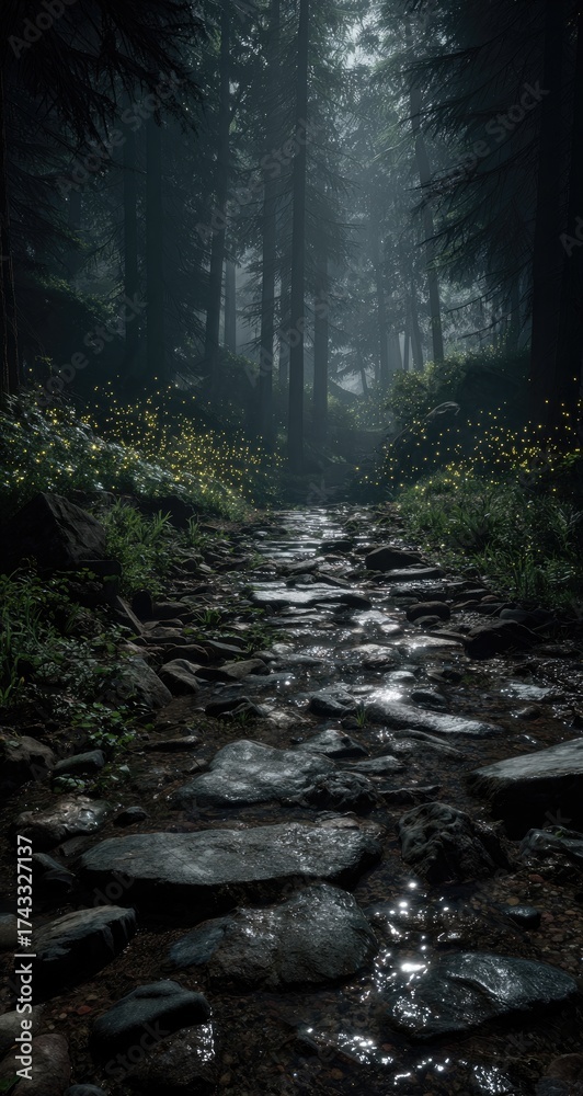 Fototapeta premium Misty forest path with stones and wildflowers