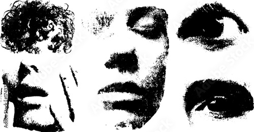 Engravings featuring line drawings in a vintage style. Black and white grunge illustrations focusing on faces, presented in a minimalist vector set.