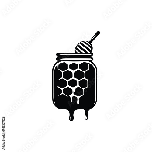 Hand drawn black and white illustration of a jar filled with honeycomb and dripping honey with a honey dipper