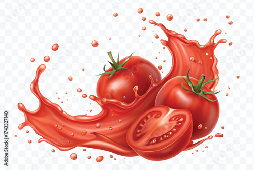 abstract 3d red tomato juice or ketchup sauce splashes in different style isolated on transparent background	