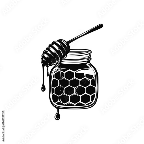 Hand drawn illustration of a glass jar filled with honey and a honey dipper dripping sweet liquid