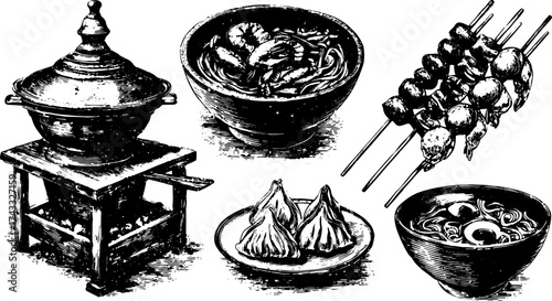 Food set featuring a variety of items: bowls of noodles and shrimp, skewers, and dumplings. Hand-drawn vector illustration.