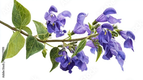 Branch of purple flowers with green leaves on a white background