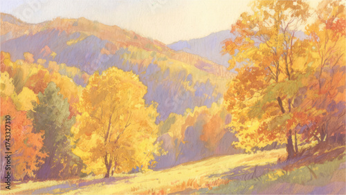 Golden Autumn Vista: A breathtaking panorama of a vibrant autumn landscape unfolds, with trees ablaze in hues of gold, red, and orange, set against a backdrop of rolling hills under a clear.