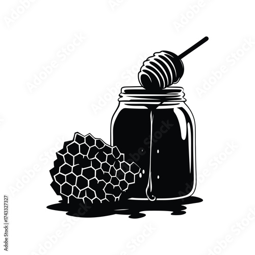 Black and white illustration of a glass jar filled with honey next to a honeycomb and a honey dipper