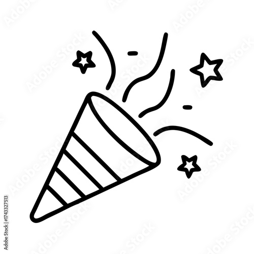 Party popper with confetti and stars in minimal line style  