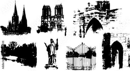 Silhouettes of iconic structures and statues in a vector illustration. A historic architectural set showcasing gothic and ornate details.