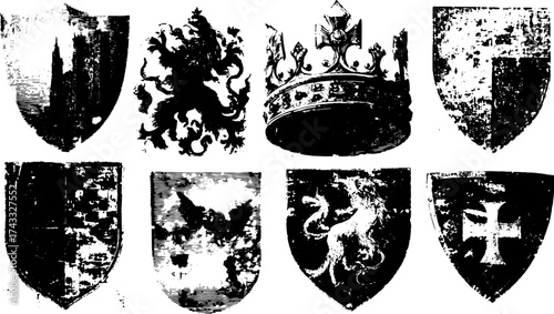 Set of vintage shield illustrations featuring heraldic designs. Displayed in black and white, this vector set highlights iconic symbols.