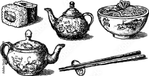 Food illustration featuring sushi, noodles, and teapot set. Hand-drawn in black and white, this vector art captures traditional cuisine elements.
