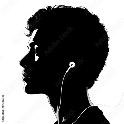 Young Man Listening to Music with Headphones, Vector Silhouette. Man with headphones vector. Profile Portrait of a Man with Earphones, Black and White Vector Illustration.