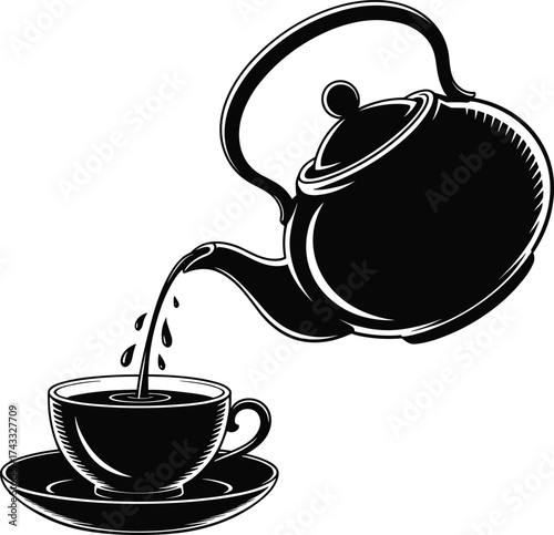 Elegant teapot pouring tea illustration, black and white line art, classic teacup with saucer design, hospitality beverage artwork, cultural tea ceremony