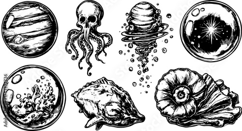 Octopus and planets illustrated in monochrome style. Contains aquatic elements like shells and bubbles in a vintage vector illustration set.