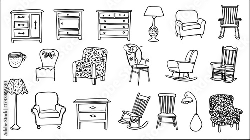 Various furniture items in a simple hand-drawn style. This set includes chairs, tables, and lamps, presented in a vector illustration.