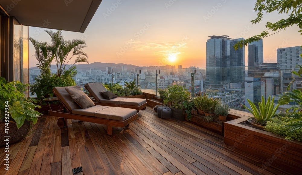 Fototapeta premium Rooftop terrace with sun loungers at sunset overlooking a city