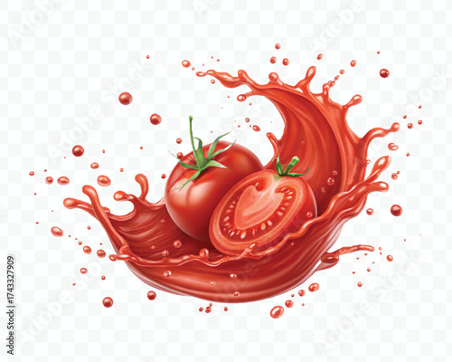 abstract 3d red tomato juice or ketchup sauce splashes in different style isolated on transparent background	
