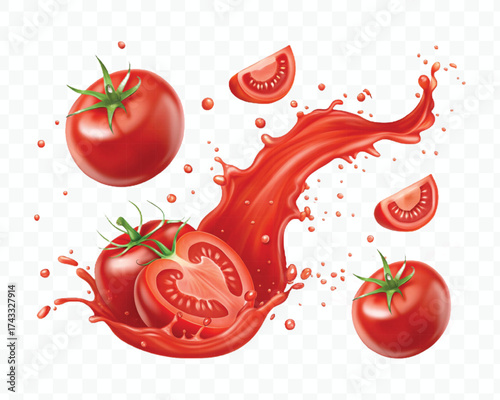 abstract 3d red tomato juice or ketchup sauce splashes in different style isolated on transparent background	