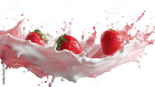 Strawberries splashing into milk, creating a dynamic pink and white liquid burst against a white background