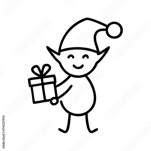 Cartoon elf holding a gift with a happy smile  