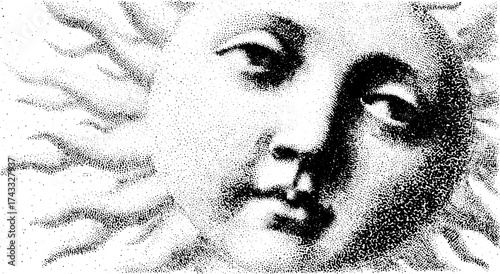 Sun face in black and white art style. Detailed vector illustration featuring dots and unique texture in an abstract set.