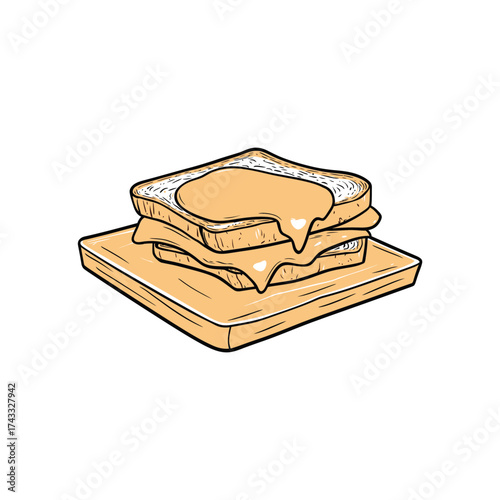 Hand drawn illustration of a delicious grilled cheese sandwich with melted cheese on a wooden board