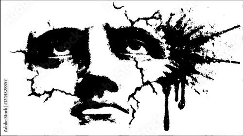 Abstract face illustration in black and white. Creative vector art piece featuring splatter and texture, emphasizing lines and form in a striking visual style.