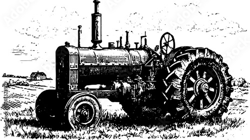 Vintage tractor illustration in black and white. Detailed outline of farming equipment set in a rural landscape vector.