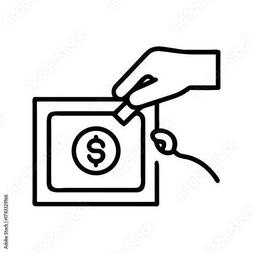 Hand inserting coin into savings box with dollar symbol illustration  