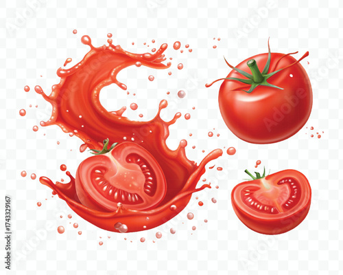 abstract 3d red tomato juice or ketchup sauce splashes in different style isolated on transparent background	