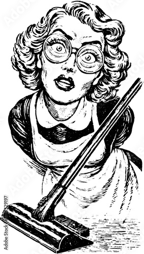 Woman cleaning with a vacuum in vintage style. Black and white vector illustration of indoor cleaning and domestic care set.