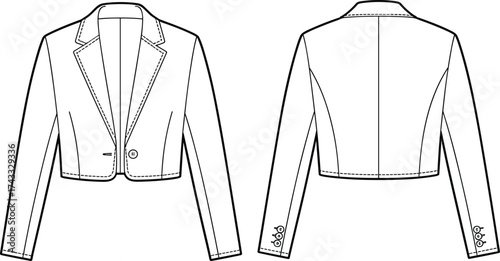 Technical fashion illustration, cropped blazer jacket, notched lapel collar, long sleeve design, single button closure, structured women’s apparel, front and back view