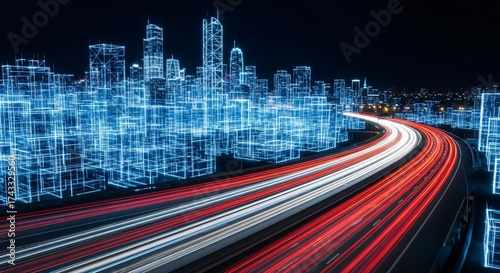 Futuristic city skyline glows above highway traffic trails at night