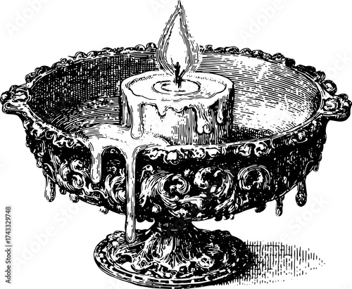 Vintage candle in an ornate saucer with a burning flame. This black and white vector illustration is a detailed drawing.