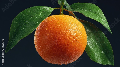 A fresh orange fruit with dew drops on its surface and green leaves, set against a dark background