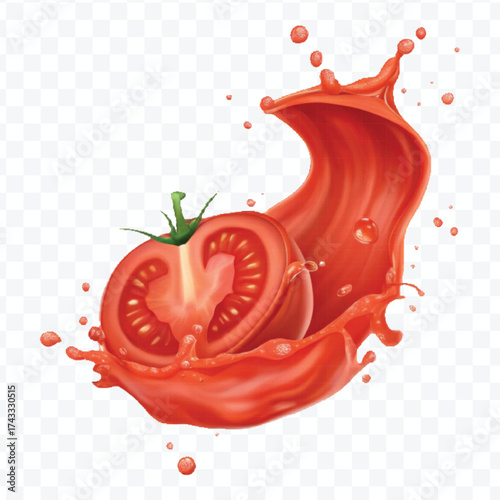 abstract 3d red tomato juice or ketchup sauce splashes in different style isolated on transparent background	