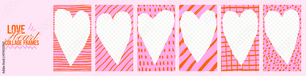 Obraz premium Valentine collage frames. Heart border cutout with torn paper edges with crayon pencil textures. Girly irregular wedding scrapbook shapes, scribbles and patterns.