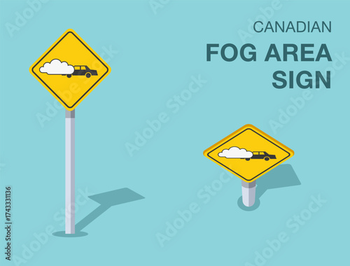 Traffic regulation rules. Isolated canadian "fog area" road sign. Front and top view. Flat vector illustration template.