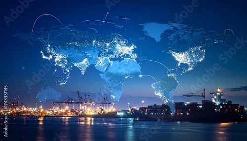 Global logistics network concept with a world map showing connections over a busy container shipping port at night.