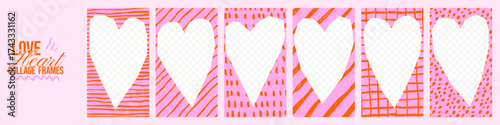 Valentine collage frames. Heart border cutout with torn paper edges with crayon pencil textures. Girly irregular wedding scrapbook shapes, scribbles and patterns.