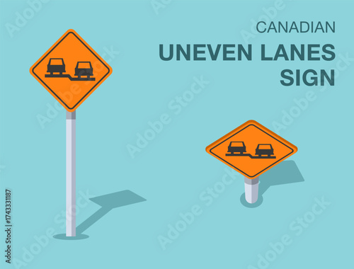 Traffic regulation rules. Isolated canadian "uneven lanes" road sign. Front and top view. Flat vector illustration template.