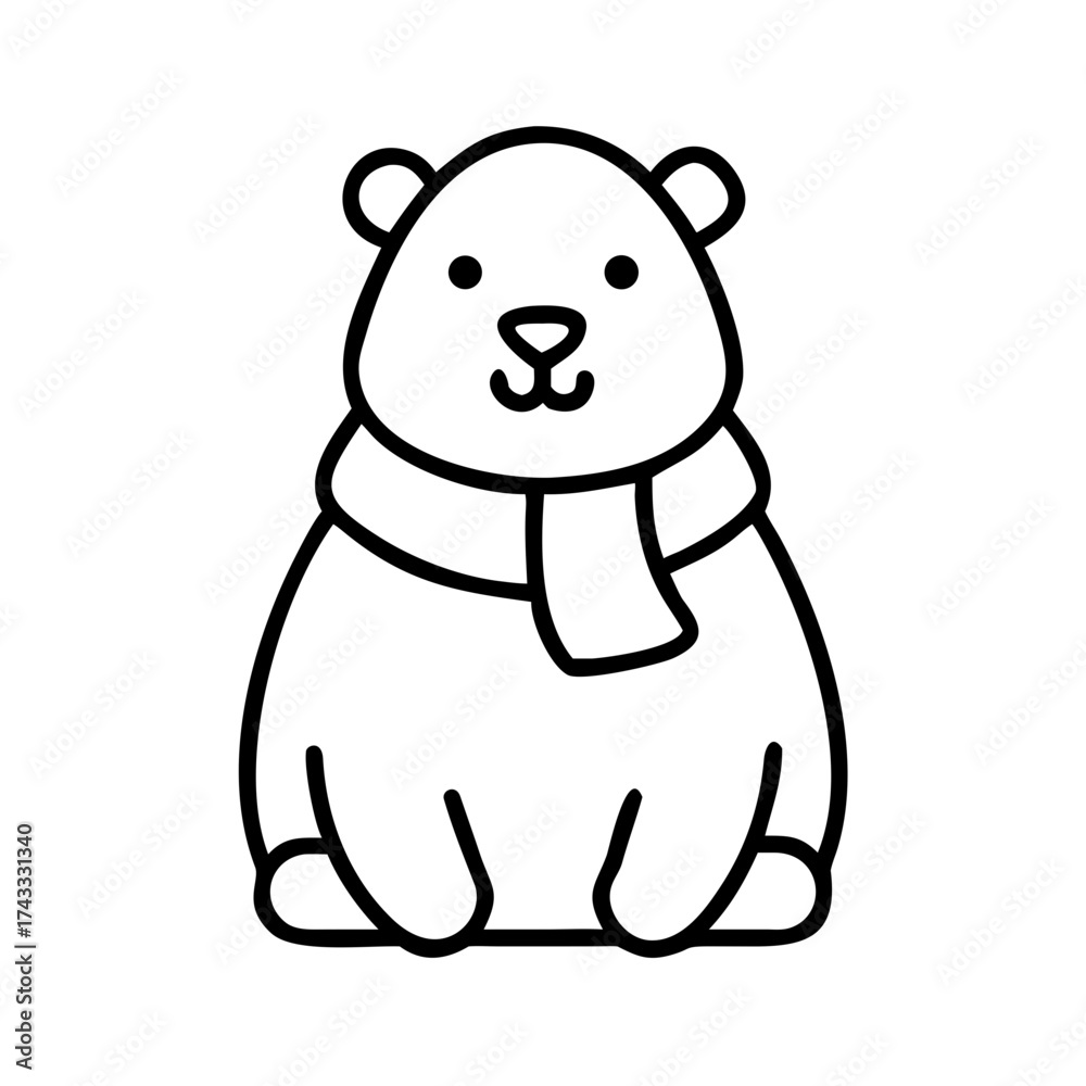 Fototapeta premium Cute cartoon bear wearing a scarf in minimalist line art style