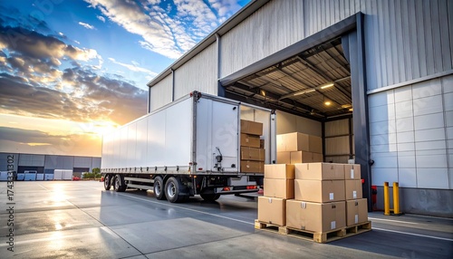 A semi-truck trailer being loaded with cardboard boxes at a warehouse loading dock during sunset.