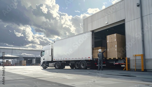 A white semi-truck is backed up to a loading dock at an industrial warehouse, with a worker preparing to load boxes onto the trailer under a cloudy sky.