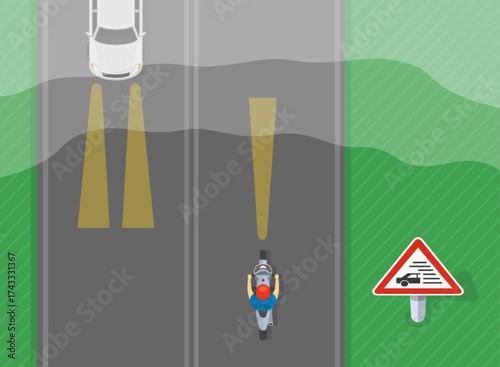Traffic regulation rules and tips. Top view of a traffic flow on an european road. Moto rider approaching the foggy area. Flat vector illustration template