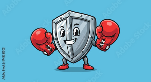 Cartoon security shield character wearing boxing gloves promoting data protection
