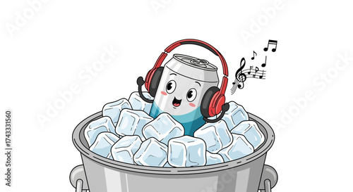Cartoon illustration of a soda can with headphones in an ice bucket enjoying music