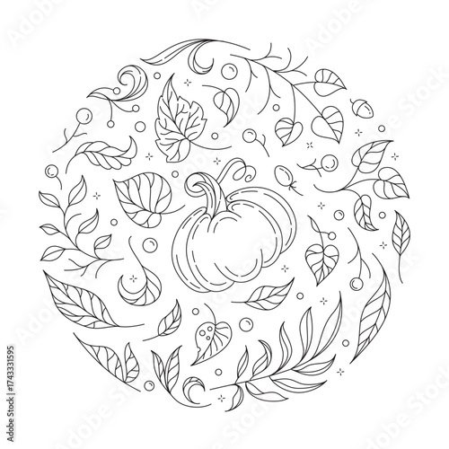 Pumpkin and autumn leaves doodle vector illustration. Cozy fall circle coloring page.
