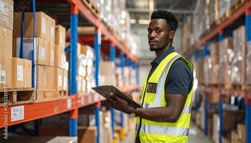 Warehouse worker in a yellow vest holding a clipboard, surrounded by shelves of boxes.