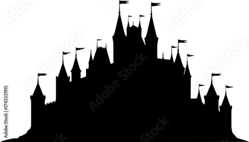 a black and white silhouette of a castle, detailed, vector illustration